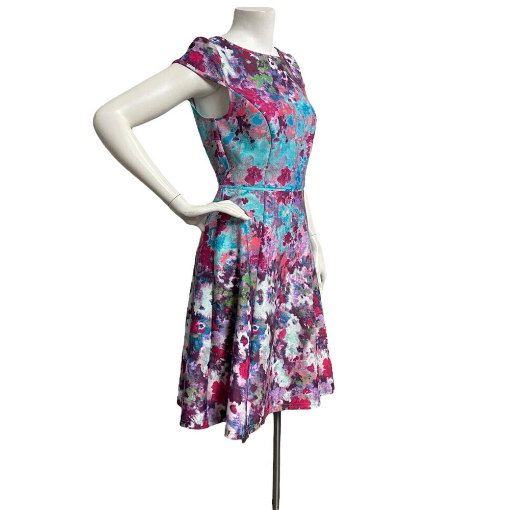 ADRIANNA PAPELL Multi Aqua Floral Scuba Womens Sz 4 Fit & Flare Cocktail Dress - Picture 3 of 10